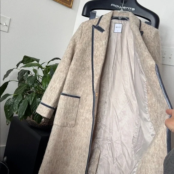 Motf Wool Blend Beige Ivory Long Duster Coat/Jacket Sz L Blue Velvet Trim - Picture 8 of 14